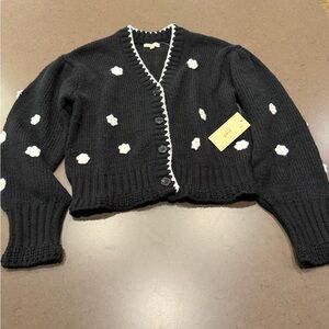 NWT Peach Black Cardigan with Embroidered White Floral Accents Sz: L